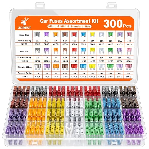 JOREST 300-Piece Car Fuse Set, 160 Mini Blade Fuses + 90 Standard Fuses + 50 Micro Fuses + 1 Fuse Puller - for Cars/Motorhomes/Lorries (2 Amp 3A 5A 7.5A 10A 15A 20A 25A 30A 35A 40A)