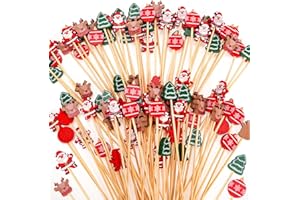 PWSAP 100PCS Navidad Palillos para Cócteles con Papá Noel Reno Decoración, Palillos de Bambú Natural, Fiestas de Christmas Palillos Decorativos para Aperitivos Cóctel Frutas Sándwich Barbacoa Bocadillos