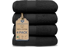 LEBENGOOD – Lot de 4 Serviettes de Bain 100% Coton –pour de Douche et Toilette – Drap de Bain – Doux, Absorbant et certifié Oeko-TEX – Linge de Bain pour Toute la Famille - 4 70X140 Negro