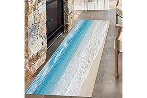 Beach Living Room Rug, 60 x 120 cm, Blue Sky White Clouds Ocean Floor Rug, Comfortable, Durable, Lint-Free, Colour-Resistant, Washable Rug for Indoor Bed Area