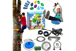 HYPONIX SPORTING Zip Line Kit for Kids and Adults, 100/120/150/200 ft, Up to 350 Lbs, Rustproof Stainless Steel, Quick Setup with Ratchet, Safety Harness, Backyard Adventure Fun Includes Climbing Holds