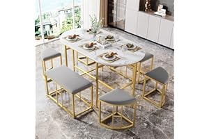 KecDuey Essgruppe,(Essgruppe Set, mit Esstisch, 4 kleinen Hockers und 2 großen Hockers),Moderner Küchen Esstisch Set ausStahlrahmen 140 * 70 * 76cm, belastbar 120 kg (Gold)