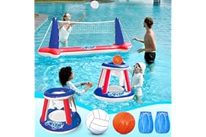 JOYIN Nadmuchiwany zestaw pływający do basenu, siatka do siatkówki, kosze do koszykówki i piłki dla dzieci i dorosłych, do gry w piłkę wodną, do siatkówki, koszykówki, do sportów wodnych, letnia zabawka