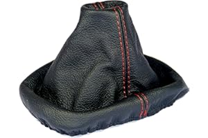 L & P CAR DESIGN Cuffia cambio compatibile con VW Polo 4 9N 2001-2009 - nero rosso - vera pelle - leva cambio manuale - (A0039)