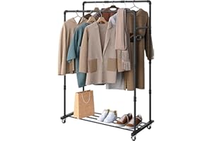 OROPY Double Clothes Rail on Wheels, Industrial Clothing Rack with Storage Shelf, 158.5cm High Metal Clothes Rack with 2 Hanging Rails for Clothes, Black