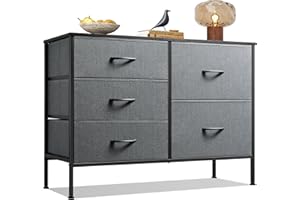 WLIVE Chest of Drawers, 5 Fabric Drawers Cabinet with Easy Pull Handle, Wood Top and Sturdy Steel Frame, Fabric Drawers Storage Unit for Bedroom, Living Room, Grey