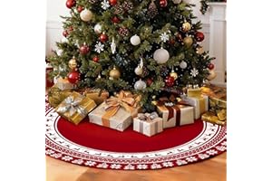 OAKENCREST Falda de Árbol de Navidad, Alfombra de Árbol de Navidad, con Motivos de Renos y Hojas, para la Decoración Navideña del Hogar, Rojo