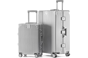 KOFA Zurich Kofferset 2 Teilig, M-55cm & XL-75cm Alu-Rahmen & Polycarbonat-Hartschale, Carry-on + Check-in Koffer, Reisekoffer Spinner mit 4 Rollen und doppelte TSA Schloss 35L + 94L (Silber)