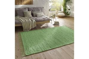 Taracarpet Handwebteppich Läufer Fleckerl Teppich Uni waschbar aus Baumwolle für Wohnzimmer und Küchenteppich 060x120 cm grün