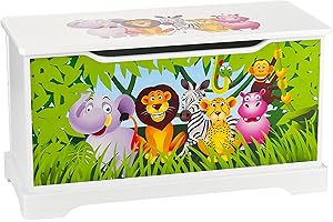 Leomark Coffre à Jouets En Bois Récipient Pour Les Jouets, Motif Animaux Jungle Banc à Rangement Children Coffre à Jouet Excellent Qualité Coloris Blanc Wooden Box Dimensions: L 59 x P 26 x H 32 cm