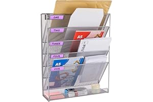 ABN FINEST Wall Mounted Magazine Rack Hanging File Document Holder Organiser for Literature Display, A4 Paper, Newspaper, Books - Metal Mesh 6-Tier Silver