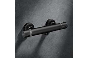 MORADO Black Thermostatic Shower Mixer,Black Round Shower Mixer Bar, Wall Mounted Shower Bar with Anti Scald Control,Solid Brass,Matte Black