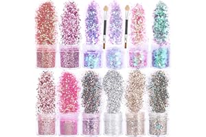 HOWAF 12 garnków Beauty Nail Glitter Cekiny puder z pędzelkiem 2 szt., mieszanka holograficznych brokatowych cekinów puder pył do paznokci twarzy oczu ciała włosów 3D zdobienia paznokci dekoracja