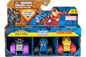 Monster Jam - Zestaw 3 samochodów Monster Truck Marvel Official Scale 1:87 METALIC - Czarna Pantera + Kapitan AMERYKA + Iron Man - 6070229 - Samochody dla dzieci - Gry dla dzieci - Zabawki dla dzieci