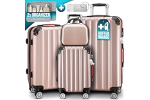 Monzana® 4tlg. Kofferset mit Beautycase, Rose - M-L-XL - inkl. Schloss, Organizer & Kofferwaage - Gurt Gel-Griffe, Zwillingsrollen, Standfüße, Trolley, Reisekoffer, Hartschalenkoffer, Gepäck-Set