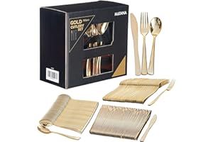 MATANA - 180 Elegant Gold Plastic Cutlery Set - 60 Knives, 60 Forks, 60 Spoons - Hand Washable, Reusable & Heavy Duty Tableware for Weddings, Birthday, Parties & Events