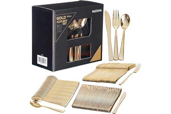 MATANA - 180 Elegant Gold Plastic Cutlery Set - 60 Knives, 60 Forks, 60 Spoons - Hand Washable, Reusable & Heavy Duty Tableware for Weddings, Birthday, Parties & Events