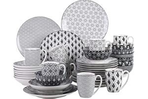 ‎VANCASSO vancasso, Haruka Kombiservice aus Porzellan, 40 TLG. Rund Geschirr Set, mit Kaffeebecher, Müslischale, Dessertteller, Flachteller und Tiefteller, Tafelservice für 8 Personen Schwarz + Creme