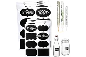 ARMIZ Etykiety samoprzylepne, 163 x naklejki do opisywania za pomocą 3 pisaków – etykiety tablicowe wielokrotnego użytku są wodoodporne, zmywalne, odklejalne – idealne do engli z dżem i szklanych butelek