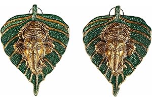 Charmy Crafts Small Metal Ganesha On Leaf, Wall Hanging, Room Decor, Best Housewarming, Gifts Article for Wall Decor Set of 2(Sunny Golden Finish) (Dark Green)