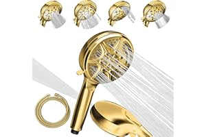 SparkPod 5 Inch 9 Spray Setting Shower Head - Handheld High Pressure Jet with On/Off Switch, Pause & Waterfall Setting- Premium ABS Removable Handheld Shower Head with Hose (Egyptian Gold)