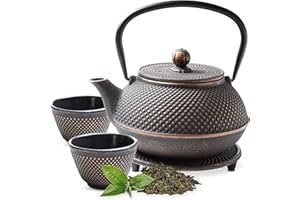 Tealøv Théière Fonte avec Infuseur 800 ML - Set complet dans une Boîte Cadeau - Service à Thé en Fonte - Entièrement Émaillée de l'Intérieur, Design de style Japonais - Couleur: noir/cuivre