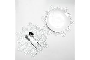 Snowkingdom Christmas Snowflake Placemats Set of 6 Silver Laminated Metallic Vinyl Round 15 inch Diameter Festival Table Decorations For Holiday Party Feast