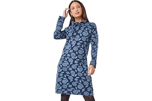 Roman Originals Cowl Neck Dress for Women UK - Ladies Button Detail Shift Work Office Autumn Winter Knee Length Casual 3/4 Full Length Sleeve Round High Warm Neckline