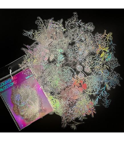 60 Adesivi Olografici Per Finestre E Scrapbooking – Set 6 Temi Glitter Trasparenti Con Cornici Floreali, PET Lucido Impermeabile, Per Decorazione Artigianato, Junk Journal, Laptop - 4