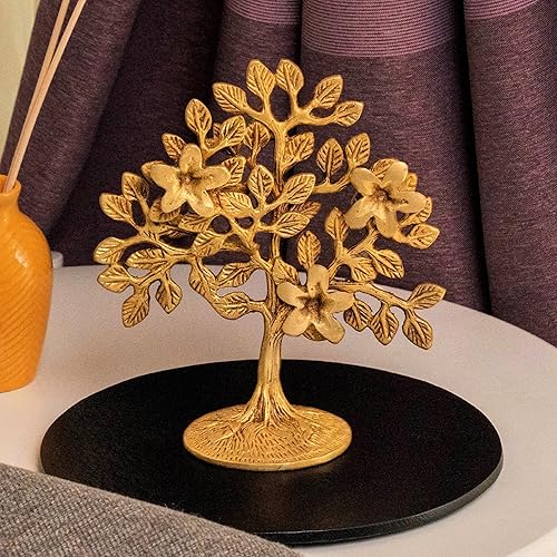 10Club Pure Brass Kalpavriksha Tree Showpiece (6.6 inches, 500 gram) Tree of Life - Home Decor - Gift for Good Luck Vastu and Fengshui - Best in Living Room Table Decoration with Antique Polish