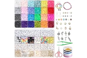 7200+ Pièces Kit Perles Plates pour Bracelet,24 Couleurs 6 mm Perles Heishi pour Bijoux Adulte de Lettres Dorées Intercalaires Shell Smiley Beads