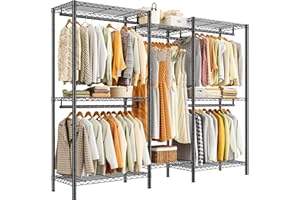 REIBII Clothes Rail Heavy Duty, Metal Clothes Rack with Shelves and Hanging Rails for Garments, Portable Open Wardrobe for Bedroom Walk-in Closet Garage, 195H x 190W x 45D cm, Black (Black)