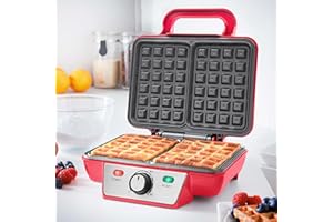 Global Gizmos 37579 Two Slice Waffle Maker/Non-Stick Waffle Machine/Adjustable Temperature/Easy Clean Stainless Steel/Non-Slip Base & Cool Touch Handle/Red Colour