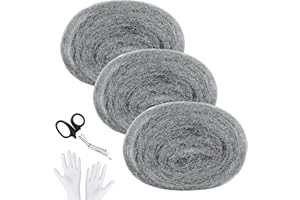 SelfTek Steel Wool Mice, 3 Pack Wire Wool Mice 50ft/15 Meter Coarse Steel Wool Mice Blocker for Rodent Control, Cleaning, Polishing with Work Gloves and Scissors(5m/roll) (#2B)