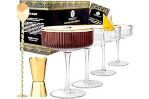 Vemacity Lot de 4 verres à martini ondulés,Soucoupes à champagne,Grands verres à martini expresso et fruits de la passion + eBook de recettes (français non garanti)