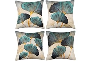 ETOLISHOP Fundas de Cojines Set de 4 Lino Funda de Almohada Verde Azulado Color Dorado Petróleo Ginkgo Fundas Cojines para Sofá Coche Dormitorio Patio Exterior Jardin Silla Decoración para Hogar