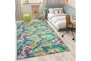 TAPISO Flannel Alfombra Antideslizante Lavable Diseño Moderno Carretera de Coches Verde Gris Naranja Alfombra Infantil para Niños Alfombra de Juegos Oeko-Tex 140 x 200 cm