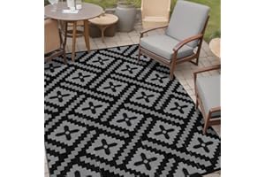 Momooda Tapis D'extérieur Géométrique en Paille en Plastique avec Protection Anti-UV Réversible Lavable et Imperméable pour Camping, Jardin, Balcon, Camping-Car, Gris Noir, 180x270cm