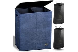 NUCAZA 145L Double Laundry Basket with Lid & Removable Laundry Bags, 2 Compartments Washing Basket for Light & Dark Clothes, Large Laundry Hamper, Collapsible Laundry Bin Storage Basket Blue