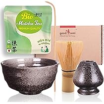 Goodwei Matcha Set met BIO Matcha uit Japan - artistieke matcha-kom, keramische bezemhouder, handgemaakte bamboe Matcha klopper en lepel | Cadeauset (Uji