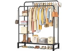 HOMIDEC Clothes Rail,Double Rail Clothes Rack with 4 Storage Shelves,Heavy Duty Metal Clothing Rail Supports to 80kg,Multifunctional Clothes Storage for Bedroom,Office,Shop(Black).