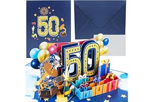 BLUELVES Niebieska kartka urodzinowa na 50, 50. urodziny 3D, kartka z życzeniami, 50 niebieska rocznica dla mężczyzny i kobiety, kartki z życzeniami pop-up na 50 urodziny, rocznicę, z kopertą na kartę