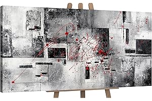 YS - Art XXL Abstract Acrylic Painting on Canvas Courage Hand-Painted Wall Pictures Black White Grey Red Living Room Modern Home Decor Pictures Office Real Art 140 x 70 cm