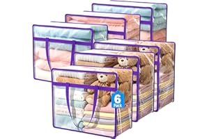 Budding Joy 6 Pack Clear Storage Bags, 40L Plastic Storage Bag with Lid, Clothes Storage Bag Moving Bags PVC Organizer with Zipper for Bedding, Linen, Blankets, Comforters, Clothes, Purple