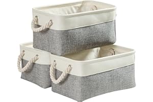 Mangata 3 Stück aufbewahrungskorb Stoff, aufbewahrungsbox Schrank, Korb aufbewahrung Stoff mit Seil für Spielzeug, kleiderschrank, Regale, Kleidung (Faltbare, Mittel, Grau Weiß)