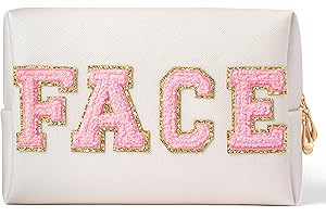 GROBRO7 FACE Patch Cosmetic Bag PU Large Capacity Travel Toiletry Bags, Gold Waterproof Varsity Letter Bag with Zippers for Makeup Washing Nursing, Easy to Carry Business Trip Holiday Essentials