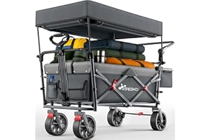 TRESKO® Bollerwagen Faltbar mit Dach, Kühlfach & Seitenrollos | Handwagen max. belastbar bis 150kg | Transportwagen mit Vollgummireifen & Feststellbremsen (Vorne & Hinten) und 3-Punkt-Gurt (Anthrazit)