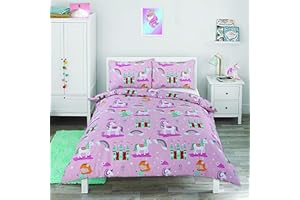 AuraHome Princess and Unicorns Childrens Cotton Rich Duvet and Pillowcase Set (Purple, Toddler)