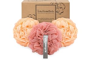 myHomeBody Grande éponge Loofah 70g, éponge de bain, éponge pour le corps, Eponge exfoliante - Pouf de douche pour le lavage du corps avec charbon actif - 2 Peach +1 Coral Red, 3 Packs
