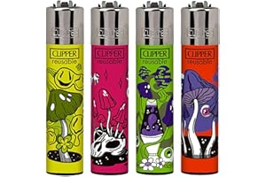 Zactly - 4 x Clipper Lighter Set Gas Refillable Windproof Lighters Standarad Size Replaceable Flint Rare Limited Edition (Melting Psycho Mushrooms)